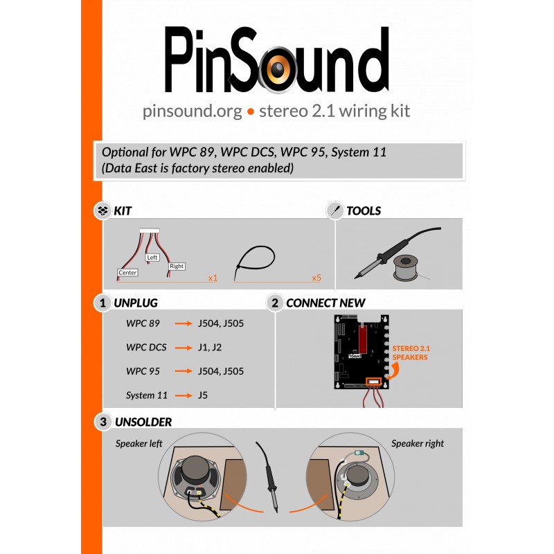 PinSound Stereo 2.1 harness for Bally/Williams/SEGA/STERN
